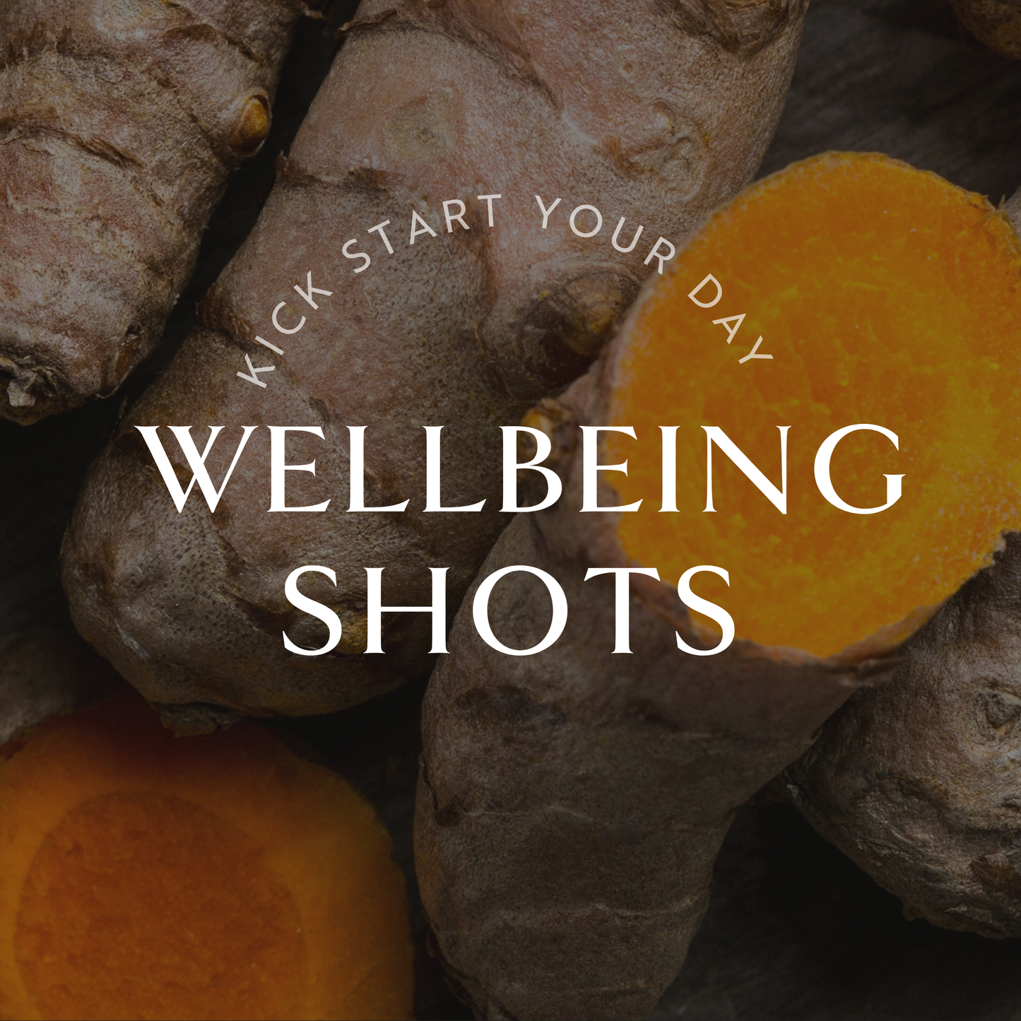 Close up image of ginger root with the text overlay "kick start your day wellbeing shots"