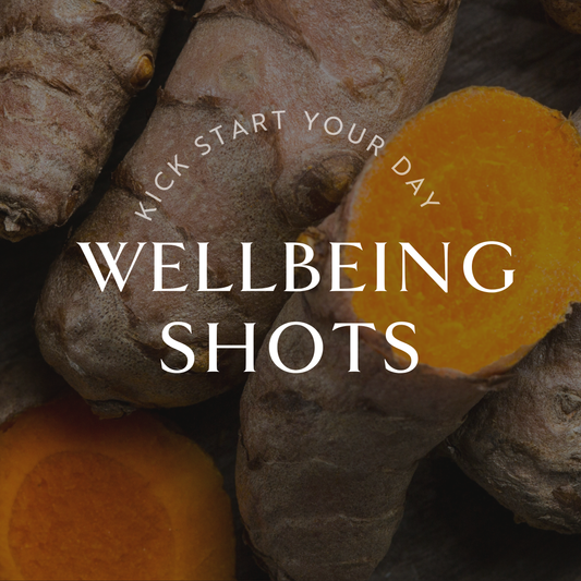 Close up image of ginger root with the text overlay "kick start your day wellbeing shots"