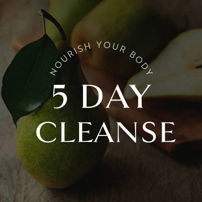 Close up image of a pear with text overlay "nourish your body 5 day cleanse"