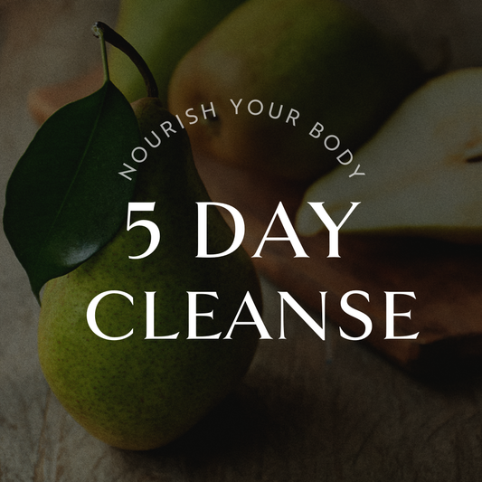 Close up image of a pear with text overlay "nourish your body 5 day cleanse"